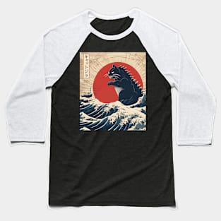 Cat Kaiju Japanese Sunset Vintage Catzilla Great Wave Baseball T-Shirt